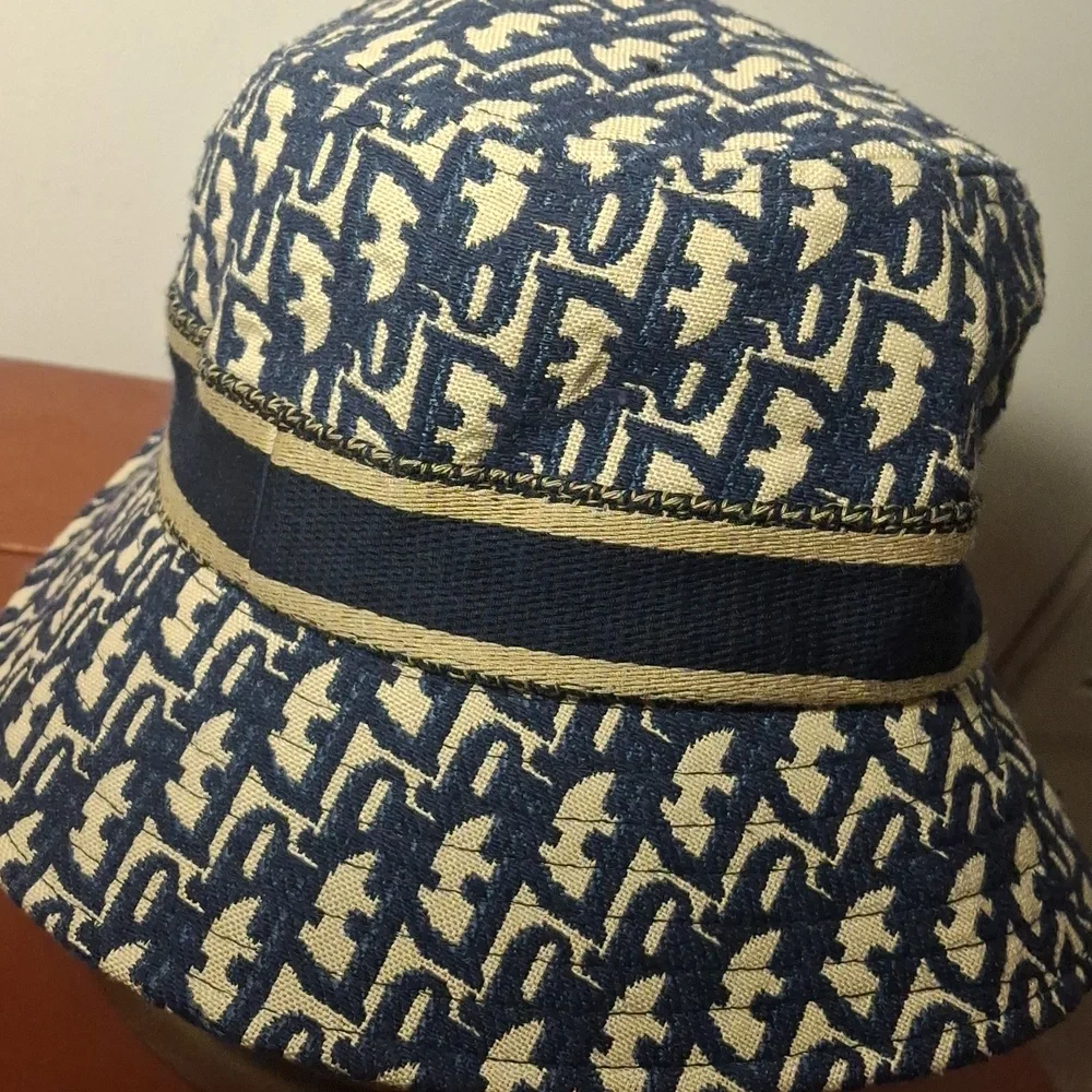 Dior Bucket Hat in Navy Blue and Cream with Branded Band - Picture 3 of 7